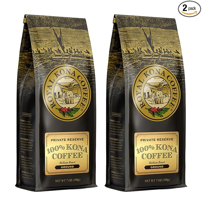 ROYAL KONA COFFEE Ground - 100% Hawaiian Kona Coffee, Private Reserve, Medium Roast, (Pack of 2)