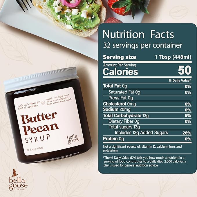 Bella Goose Butter Pecan Coffee Syrup Jar (16oz) - Homemade Pure Cane Sugar Syrup for Lattes, Matcha, Desserts - Clean Ingredient - No Artificial Flavors - Syrups for Coffee Drinks