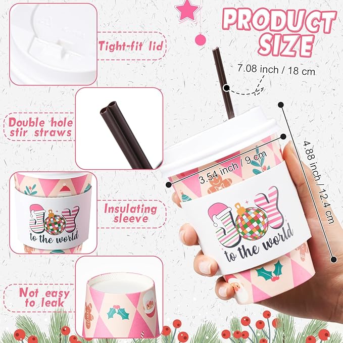 Remerry 100 Sets 400 Pcs 12 oz Christmas Disposable Coffee Cups with Lid, Straws and Sleeves Snowflake Reindeer Snowman Paper Cups Xmas Party Supplies for Hot Drink Cold Beverage(Pink Christmas)