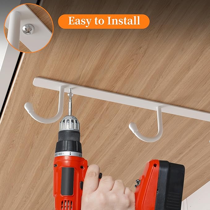 ECROCY Coffee Mug Holder Under Cabinet, Easy Screw Mounting, 3 Pack Mug Rack with Wide Hook Spacing, Sturdy Mug Hooks Space-Saving