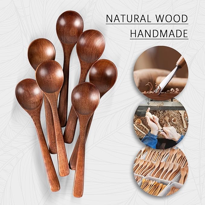 7 PCS Wooden Spoons for Eating, 7 inch Wooden Honey Spoons for Tea, Wood Teaspoons for Stirring Coffee, Hard Wood Table Spoon for Cooking, Small Serving Spoon for Soup, Desserts & Cereal