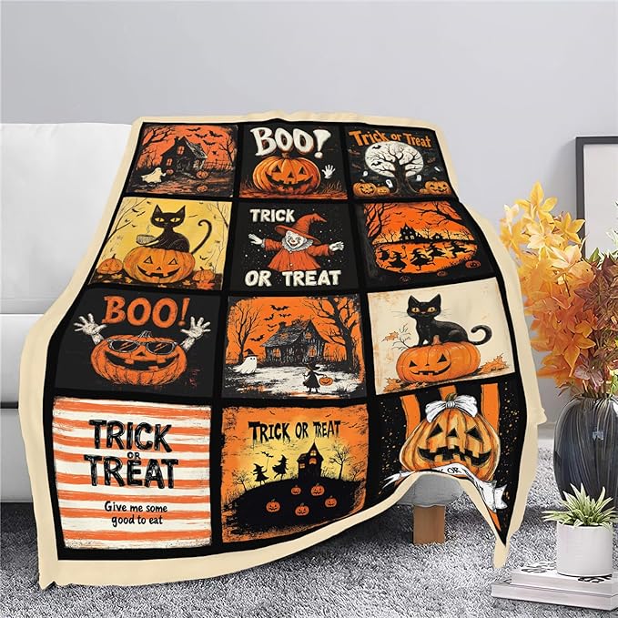 Halloween Blanket, Pumpkin Black Cat Fleece Flannel Throw Blanket, Trick or Treat Soft Lightweight Stuff Throws Gifts for Women Men Boys Girls Lovers Adults Lovers Sofa Decor 60"x50"