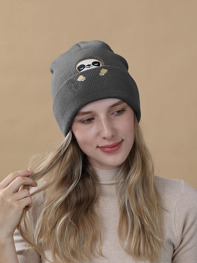 Sloth Gifts Hat Beanie for Women Men Coffee Lover Animal Funny Sloth Themed Accessories Related Decor Stuff