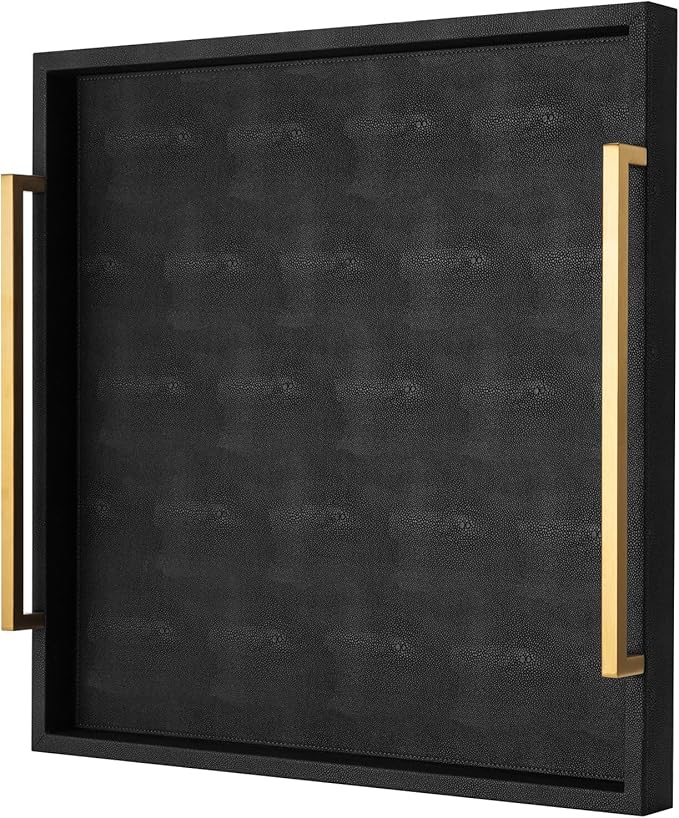 Extra Black Large Serving Tray with Handles for Ottoman,Versatile Shagreen Leather Square Ottoman Tray for Living Room