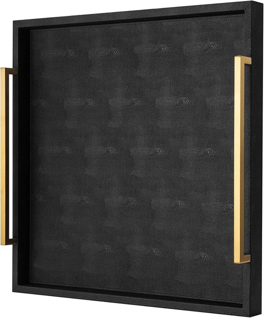 Extra Black Large Serving Tray with Handles for Ottoman,Versatile Shagreen Leather Square Ottoman Tray for Living Room
