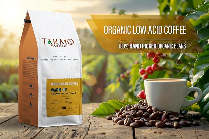 TARMO - WARM UP | Low Acid 100% ROBUSTA Whole Bean Coffee | Specialty Vietnamese Coffee | Single Origin Medium Roast Coffee Beans | 35.5 Oz Bag