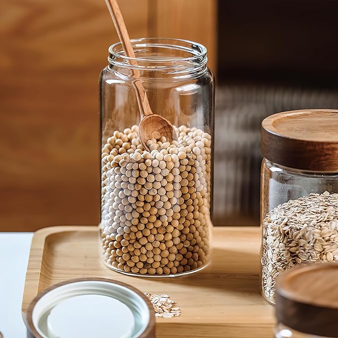 40 oz/1200 ml Clear Glass Storage Canister with Airtight Wooden Screw Lid, Large Tall Cute Decorative Glass Food Container Jar for Coffee,Spice,Candy,Salt,Cookie,Condiment,Pepper,Sugar,Pasta
