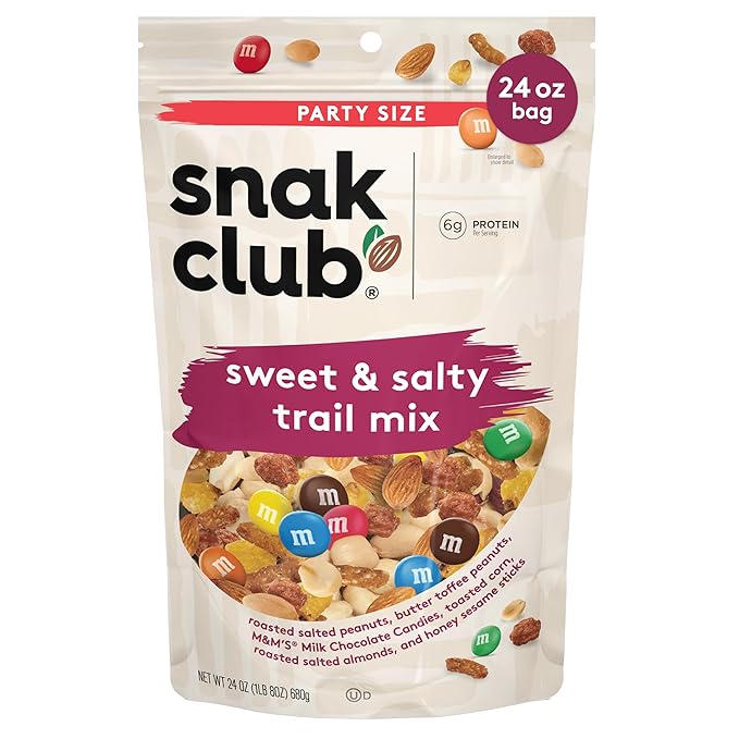 Snak Club Sweet and Salty Trail Mix with Peanuts, Butter Toffee Peanuts, M&M'S Chocolate Candies, Toasted Corn, Honey Sesame Sticks, and Almonds, Kosher Snack, 24 oz Resealable Bag