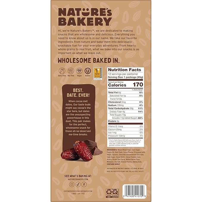 Nature’s Bakery Double Chocolate Brownie Bars, Whole Grains, Dates, and Cocoa, Plant Based, Dairy-Free, Snack Bar, 7 boxes with 12 twin packs