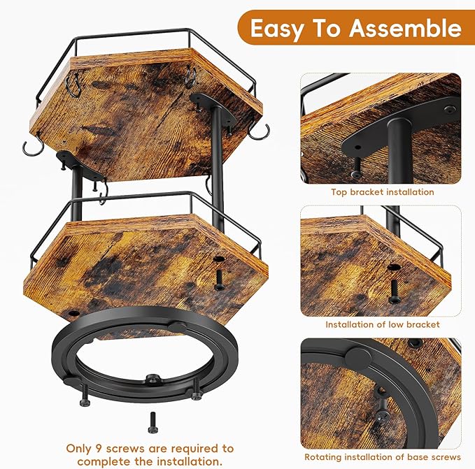 KLM 2 Tier Coffee Bar Organizer Countertop Station Shelf for Home Office, Multi-Functional Coffee Mug Cup Holder Stand, Accessory Storage Rack with 6 Hooks, 360° Rotated Coffee Cup Holder for Counter