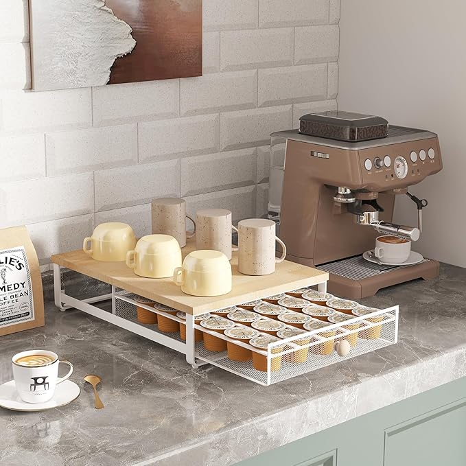 Coffee Pod Holder Counter Coffee Vertuo Capsules Storage Organizer with Sliding Drawer Compatible For 35 K-Cup Pods No Assembly Needed Natural Colour