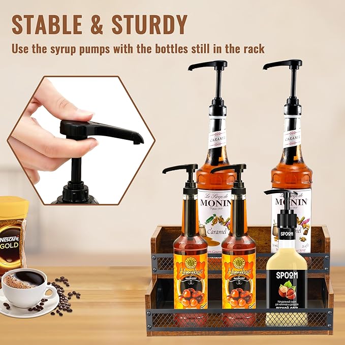 Liquor Bottle Display Shelf, Coffee Syrup Rack Organizer, 2 Step Countertop Liquor Wine Rack, 6 Bottles Coffee Station Organizer with Fences & Handles, Home Retro Bar Shelf Stand for Liquor Whiskey