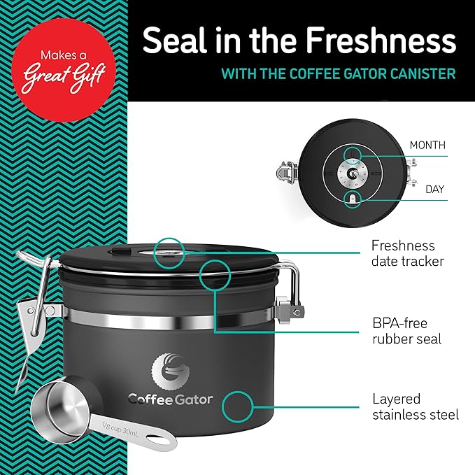 Coffee Gator Coffee Canister, 11oz Airtight Stainless Steel Kitchen Food Storage Container with Date Tracker, CO2-Release Valve and Scoop for Sugar, Beans, Tea, Sugar, Cereal, Cookies Jars - Black