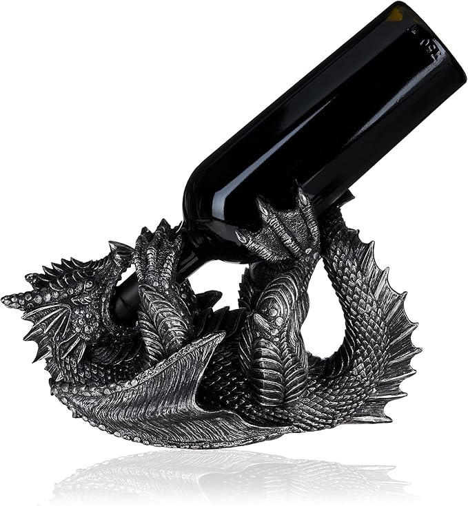 True 10143 Polyresin Dragon Wine Bottle Holder Decorative, Single Wine Bottle Holder, Wine Holder Stand, Wine Bar, Wine Decor, Set of 1, Black