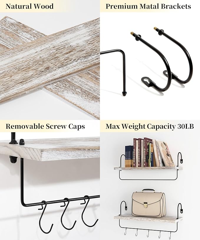 Coffee Mug Holder, Coffee Bar Shelf with Hooks Wall Mount Cup Organizer Mug Racks Pods Storage Hanger Farmhouse Kitchen Decor, White