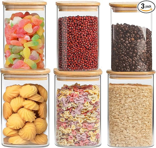 38 oz Glass Food Storage Jars with Airtight Lids, Clear Glass Jar with Bamboo Lid, Airtight Food Canister for Tea, Candy, Coffee, Sugar, Cookie, Snack. (Square| 5+6 Inch) SET of 3
