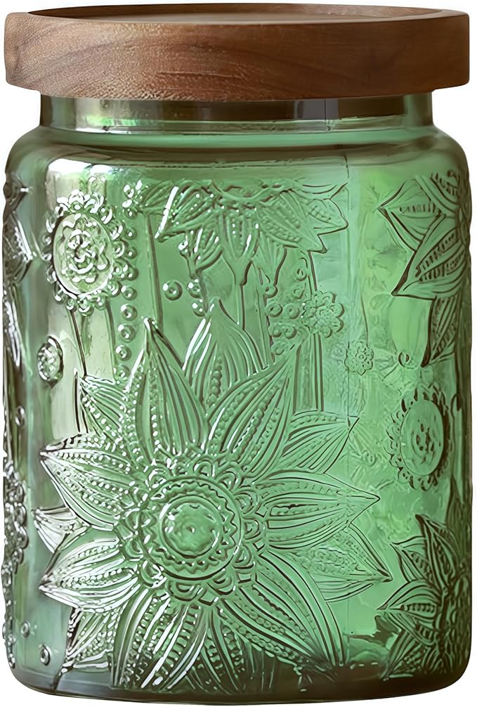ANSQU Vintage 23.7oz Glass Storage Jar with Solid Wood Lid - Sunflower Kitchen Canister for Tea, Coffee, Candy, Cookies, Bath Salts & Laundry Detergent - Decorative Multi-Purpose Jar (Green, 1 Pack)