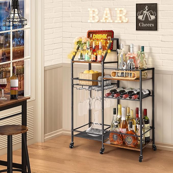VINAEMO Rolling Bar Cart with Wine Glass Holder, Mini Bar for Whiskey Wine, Liquor Cart for Home, Alcohol Cabinet for Kitchen, Dining Room