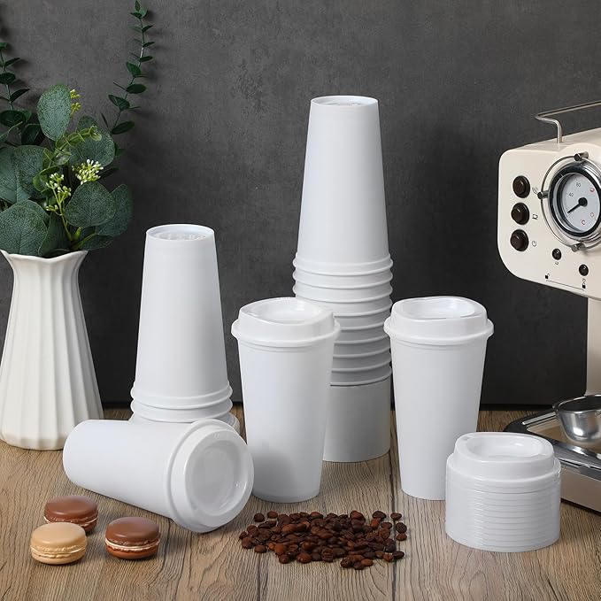 Domensi 15 Pack Reusable Coffee Cups with Lids 16 oz Disposable Travel Cups Bulk Plastic to Go Coffee Tumblers for DIY Hot Cold Drink Party Favors Coworker, Microwaveable (White)