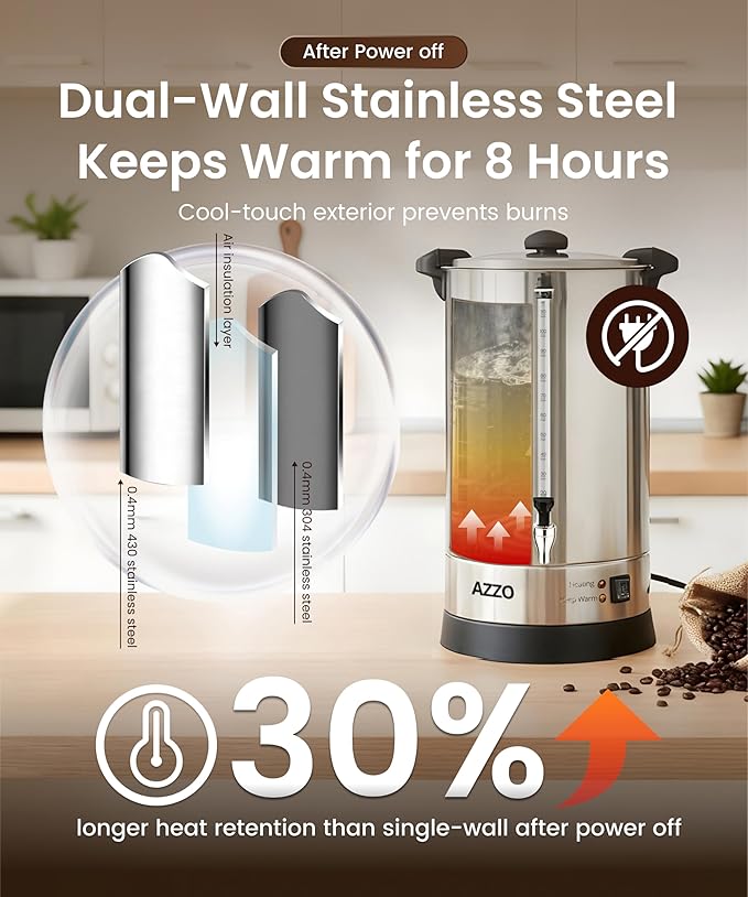 Commercial Coffee Maker 110-Cup Large Percolator Coffee Pot Electric Dispenser, Double Wall Stainless Steel Hot Water Urn for Quick Brew with No-Drip, 16L Cup Scale for Catering Events