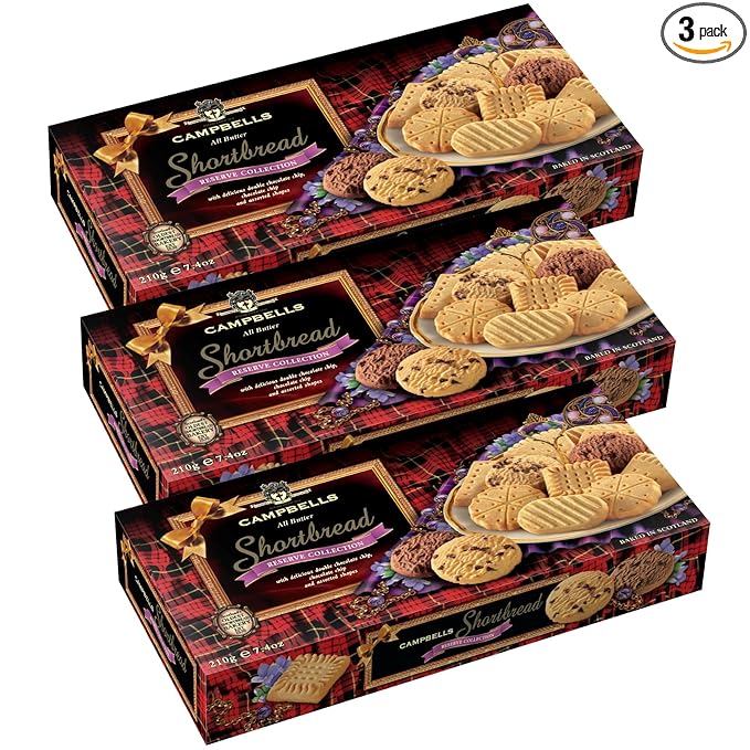 Campbells Shortbread Reserve Collection Carton 7.4 Oz (Pack of 3) - Scottish All-Butter Shortbread Cookies from Scotland, Chocolate Chip & Assorted Variety, Gourmet British Tea Biscuits & Gift Box