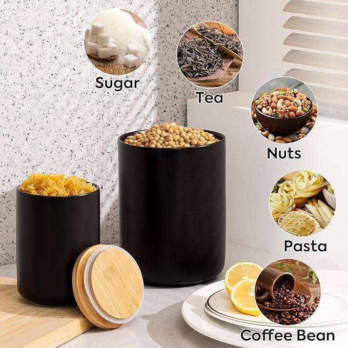 Yangbaga Black Canisters for Kitchen-Kitchen Canisters for Countertop with Airtight Wood Lids/Spoons/Stickers,Ceramic Kitchen Storage Containers for Large Flour,Suger,Coffee（32 OZ
