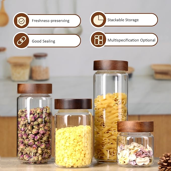 40 oz/1200 ml Glass Jar with Airtight Wooden Screw Top Lid, Clear Stackable Food Storage Canister, Large Tall Decorative Glass Container for Coffee, Candy, Cookie, Sugar, Oatmeal, Salt, Pasta