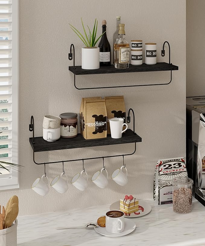 Coffee Mug Holder, Coffee Bar Shelf with Hooks Wall Mount Cup Organizer Mug Racks Pods Storage Hanger, Farmhouse Kitchen Decor, Black