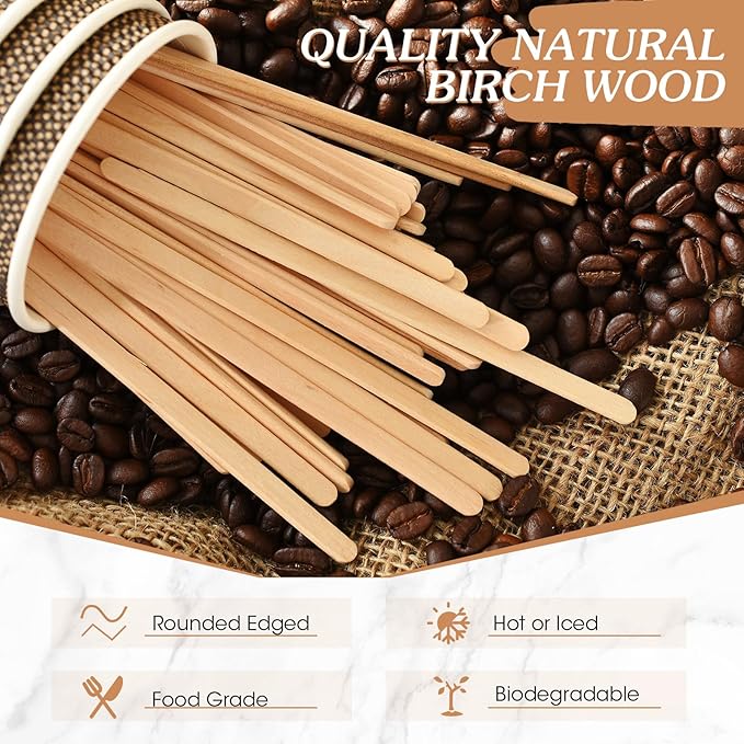 Meanplan 5000 Pcs Wooden Coffee Stirrers Disposable Stir Sticks Birch Wood Coffee Stirring Sticks Bar Long Cocktail Drink Stirrers with Round Ends for Hot Chocolate Tea Beverages (7 Inch)