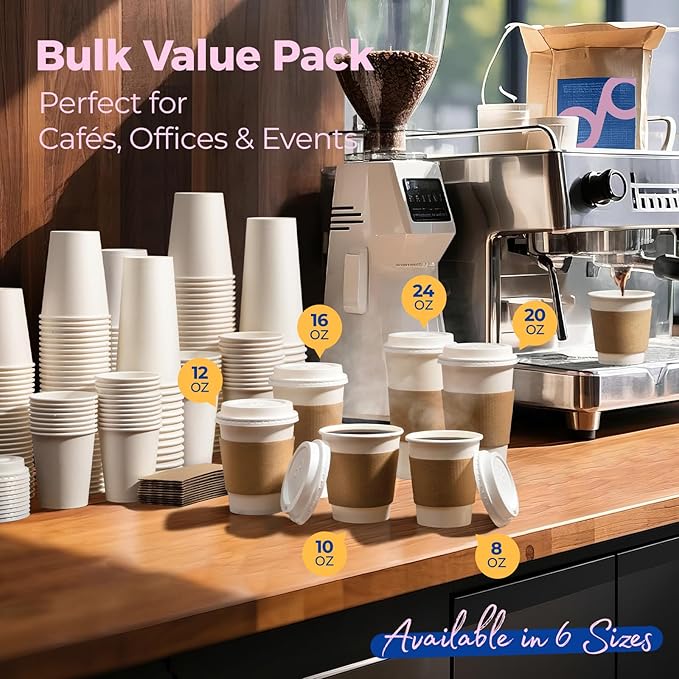 Fit Meal Prep 100 Pack 24 oz Disposable Coffee Cups with Lids, Sleeves, Leak-Proof To Go Coffee Cups with Lids, Durable Hot Paper Cups for Home, Office, Party, Business