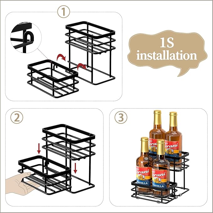 Coffee Syrup Rack Organizer, Syrup Bottle Holder Stand for Coffee Bar, 2-Tier 10 Bottles Storage Shelves for Syrup, Wine, Dressing for Kitchen Countertop (10 Bottles Black)