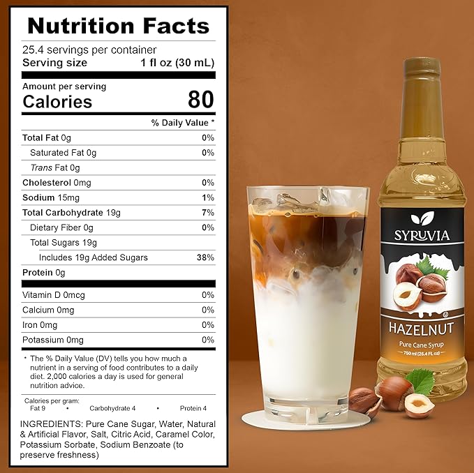 Syruvia Coffee Syrup, Hazelnut Flavored Syrup for Drinks, Lattes, and Desserts – 25.4 fl oz, With Pump
