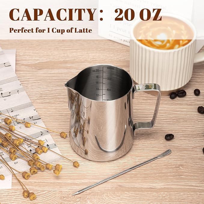 Milk Frothing Pitcher, 20oz Milk Frother Cup with Clear Scale, 304 Stainless Steel Cappuccino Espresso Machine Accessories for Barista Coffee Bar with Latte Art Pen, Silver