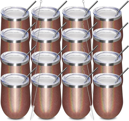 MEWAY 12oz/16 Pack Wine Tumbler Glasses with Lid - Stemless Double Wall Vacuum Stainless Steel Glitter Tumbler - Keeping Cold & Hot Cup for Coffee,Gift for Women(Rainbow Rose Gold,Set of 16)