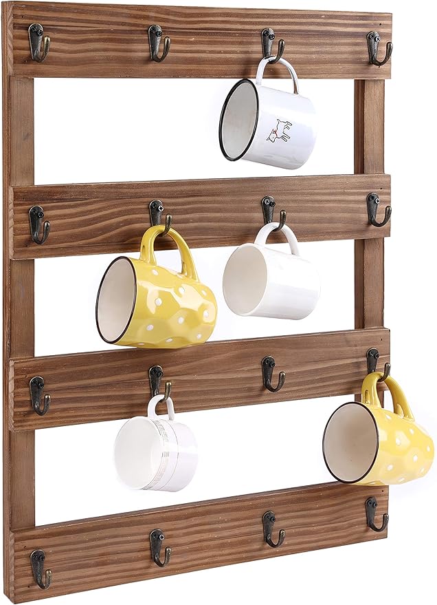 16 Hooks Rustic Pine Wood Coffee Mug Holder 24 x 18 inches Wall Mounted Cup Display Organizer for Home, Kitchen Storage Brown