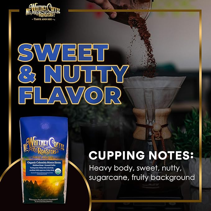 Mt. Whitney Colombia Monte Sierra Organic, Single Origin, Medium Dark Roast, Smooth Full Flavored, Low Acid Coffee (Ground, 2 Lb)