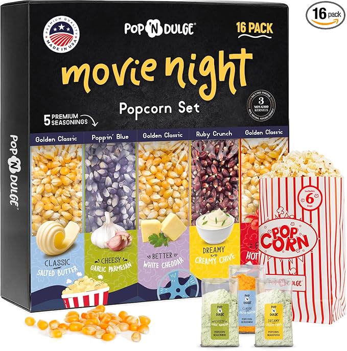 Pop n' Dulge Popcorn Movie Night Supplies 16 pcs Gift Set, 5 Gourmet Popcorn Kernels, 5 Seasoning Variety Packs Non-GMO Kosher Snacks, Great Housewarming Family Date Night Gifts Basket Ideas For Him Her