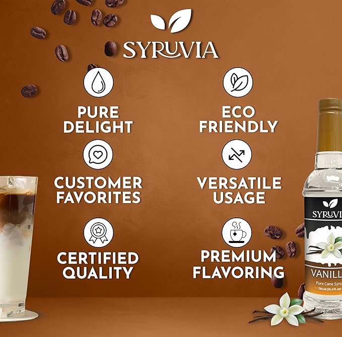Syruvia Coffee Syrup, Vanilla Flavored Syrup for Drinks, Lattes, and Desserts – 25.4 fl oz