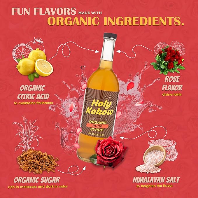 Holy Kakow Cafe Organic Rose Syrup - Rose Syrup, Coffee Syrup, Organic Syrup for Coffee, Rose Syrup for Coffee, Add to Latte, Cocktail and Shake, Real Food Ingredients, Specific Flavor - 750ml