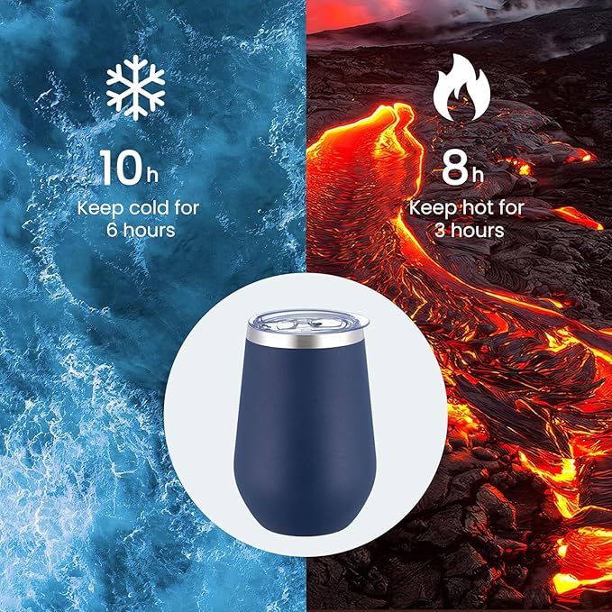 MEWAY Durable 12oz Stainless Steel Wine Tumbler with Lid and straw - Vacuum Insulated Coffee and Wine Cup for Travel, Parties, and Outdoor Events(Navy,1)