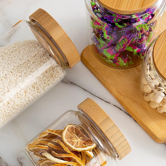 900ML/30Oz Clear Cute Glass Storage Canister Holder with Airtight Bamboo Lid, Modern Decorative Medium Container Jar for Coffee, Spice, Candy, Salt, Cookie, Condiment, Pepper, Sugar