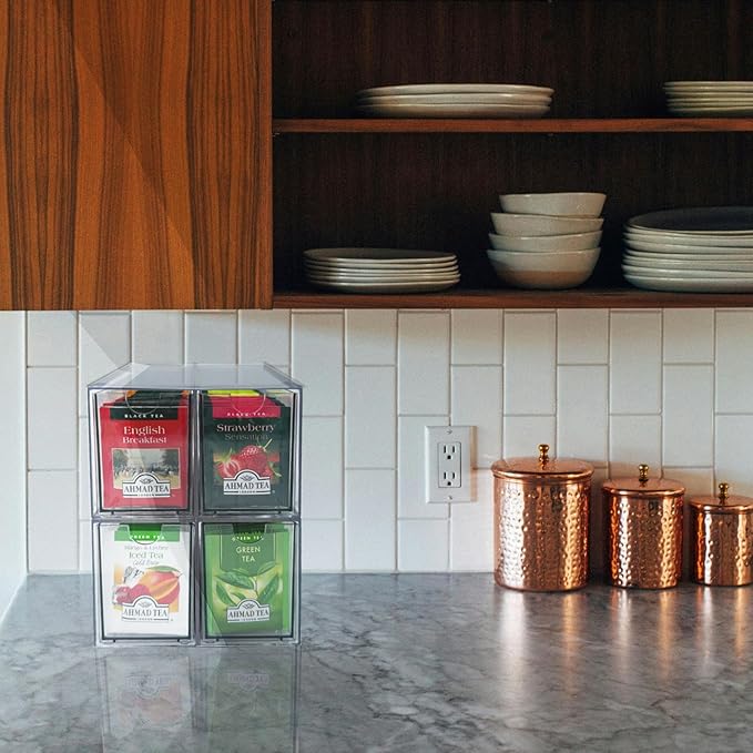 4-Pack Tea Bag Drawers Organizer - 4 Clear Plastic Drawer Tea Bag Holder; Stackable & Portable; Wider Size; Well-Organized Storage for Tea Bags & Kitchen Essentials