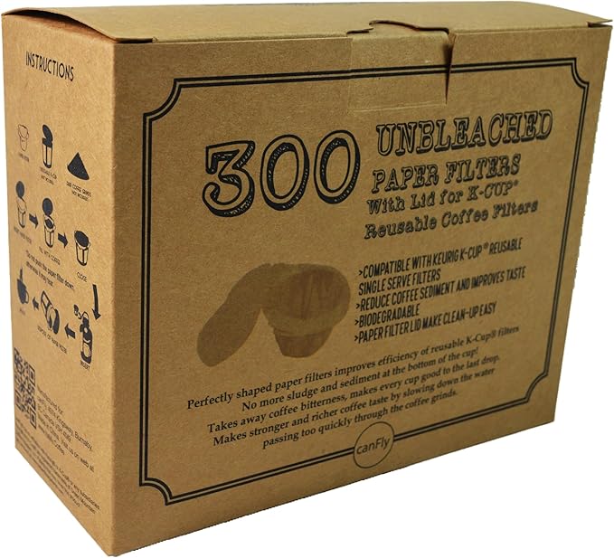 canFly Unbleached Paper Filter with Lid compatible with Keurig k-cup single cup coffer filters compatible with Keurig, Ekobrew, EZ-Cup and other Reusable Coffee Filters (Unbleached 300)