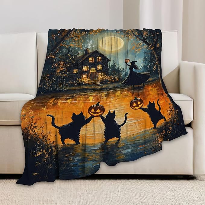 Halloween Cat Blanket, Pumpkin Black Cat Fleece Flannel Throw Blanket, Witch Soft Lightweight Stuff Throws Gifts for Women Men Boys Girls Lovers Adults Lovers Sofa Decor 60"x50"