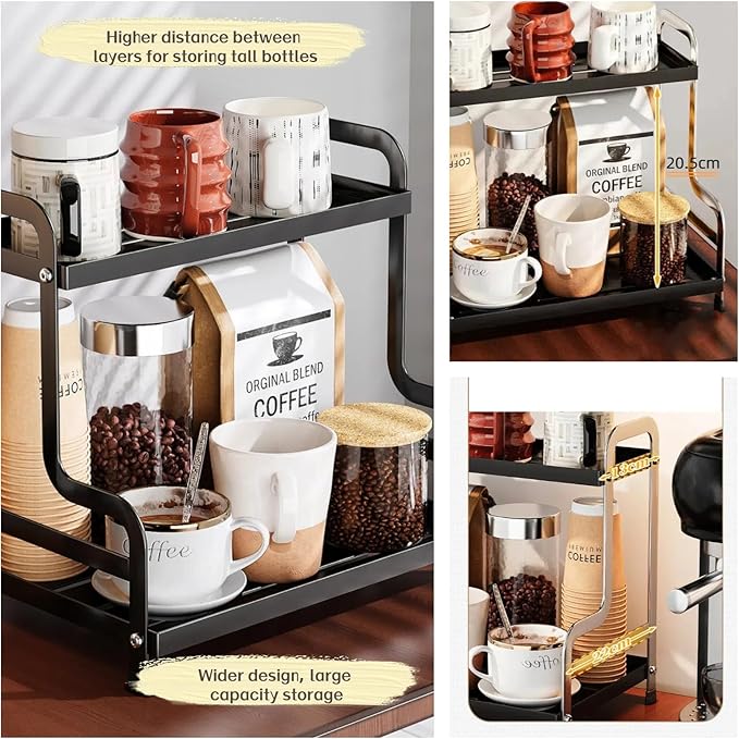 Bokelai 2 Tier Coffee Bar Organizer and Accessories Storage Countertop Shelf for Kitchen Coffee Station Organizer Mug Holder Coffee Condiment Storage Rack Black