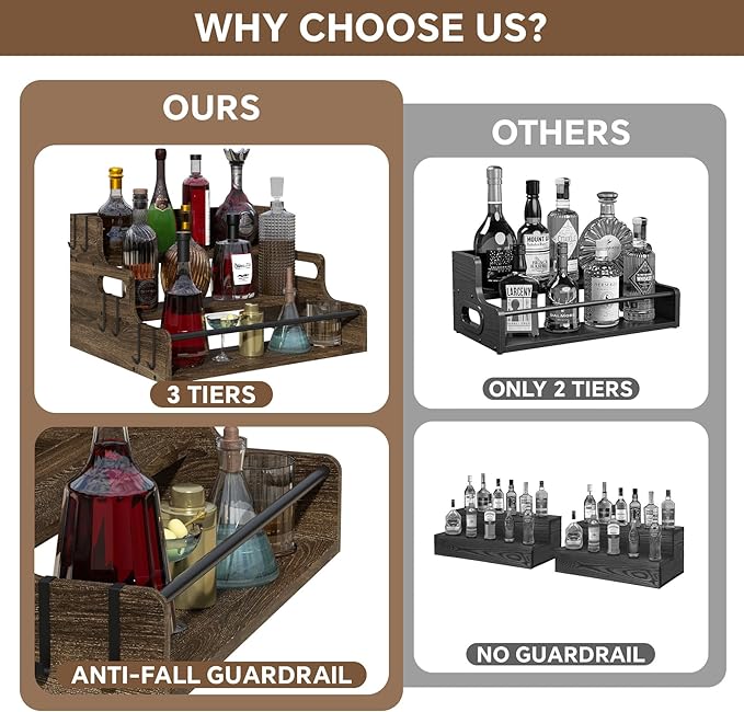 3-Tier Liquor Bottle Display Shelf, Bar Stand for Whiskey, Spirits, Coffee Syrup Rack Organizer, Countertop Wine Rack for Home, Mini Coffee Bar, Small Liquor Cabinet and Kitchen Dark Brown