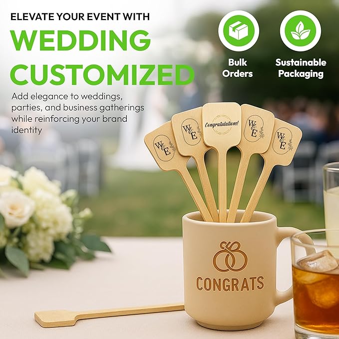 6.25" Wooden Coffee Stirrers with Square Heads – Customizable Stir Sticks with Logo or Text | Eco-Friendly Drink Stirrers for Coffee, Tea, Beverages & Events (6.25" - Pack of 100)