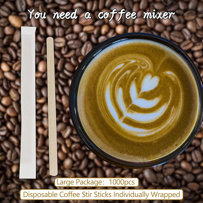 1000Pcs Coffee Stir Sticks, 5.5 Inch Individually Wrapped Coffee Stirrers Sticks, Premium Disposable Wooden Drink Stirrers for Coffee Beverage Tea Milk