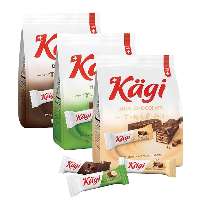 Swiss Chocolate Covered Wafers Variety Pack by Kägi, Crispy Coated Dessert Snacks, Premium Individually Wrapped Treats, Gift Bag, Classic, Dark, and Hazelnut Flavors, 3 pack of 125g Bags