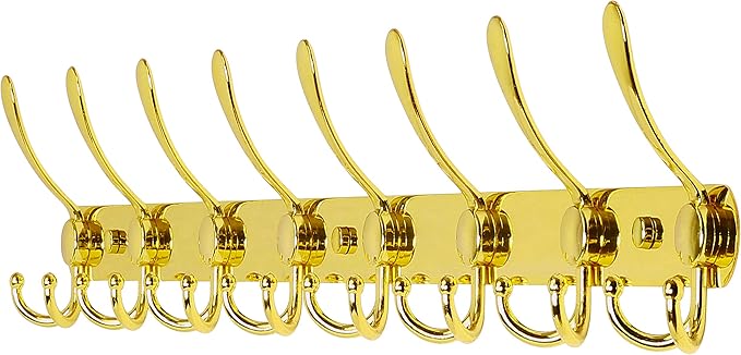 Dseap Coat Rack Wall Mount - 29.5” Long 8-Tri-Hooks Heavy Duty Coat Hanger Rail Wall Hooks for Hanging Coats Hats Clothing Clothes Purse Mudroom Entryway, Gold